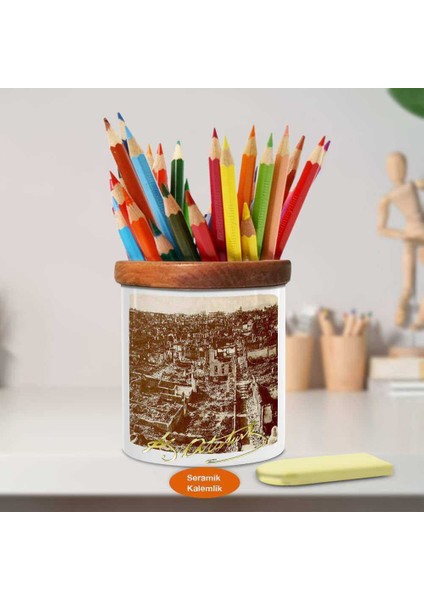 Nostalji Istanbul Şehri Manzarası Ahşap Seramik Kalemlik-63