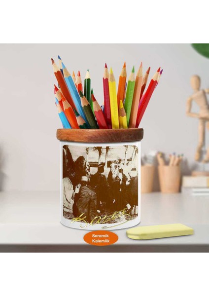 Yörük Köylüleriyle Mustafa Kemal Atatürk Ahşap Seramik Kalemlik-45