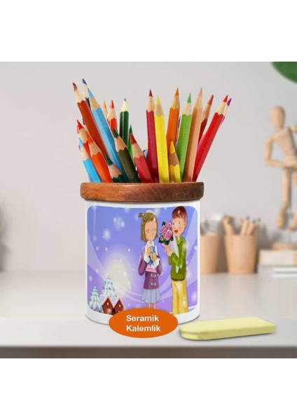 Çiçekli Çocuk Mutlu Çocuklar Ahşaplı Seramik Kalemlik - EC9CB