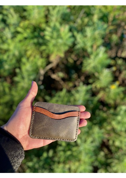 Yeşil-Kahverengi Hakiki Deri Kartlık El Yapımı Minimalist Kartlık- Para Bölmeli