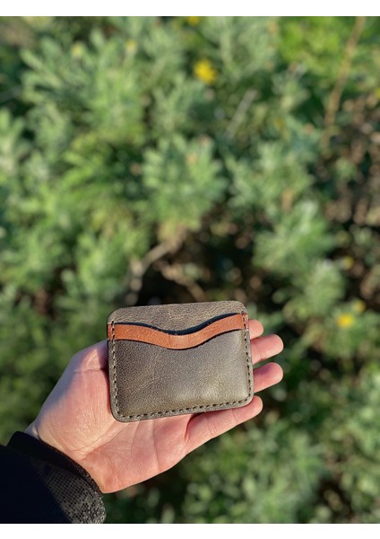 Yeşil-Kahverengi Hakiki Deri Kartlık El Yapımı Minimalist Kartlık- Para Bölmeli
