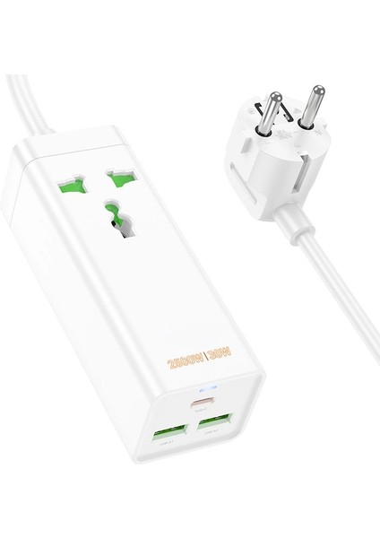 30W 2 Type-C - 1 Usb-A Pd Şarj Aleti, 1,5 M Kablo 2500 Watt Destekli Priz Amerikan Ingiliz Fiş Dönüştürücü