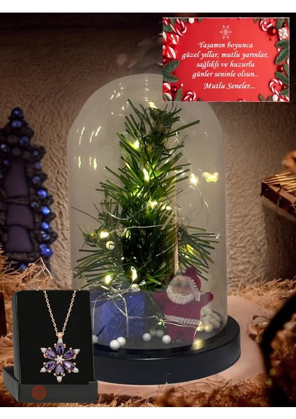 Çam Ağaçlı ve Noel Baba Temalı Yılbaşı Ağaçlı Süslü Peri LED Işıklı Fanus ve Lotus Kolye