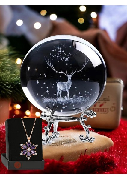 Ren Geyiği Yılbaşı Temalı Metal Ayaklı Kristal Cam Küre ve Lotus Kolye Özel Notlu