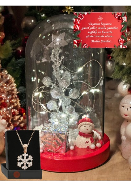 Kardan Adam Noel Temalı Yılbaşı Ağaçlı Süslü Peri LED Işıklı Fanus ve Kartanesi Kolye