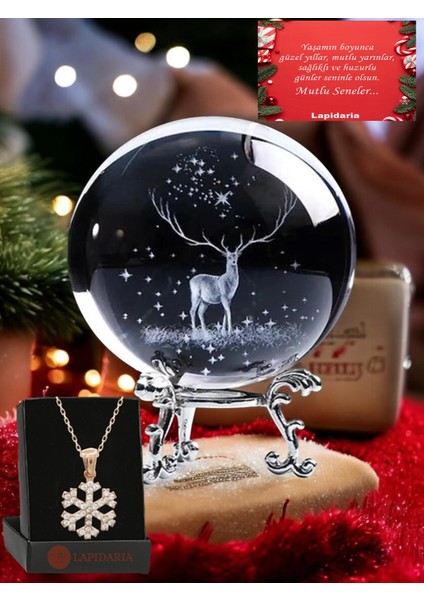 Ren Geyiği Yılbaşı Temalı Metal Ayaklı Kristal Cam Küre ve Kartanesi Kolye Özel Notlu