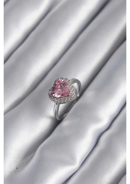 Pirinç Gümüş Renk Pembe Zirkon Taş Kalp Charm Model Kadın Yüzük