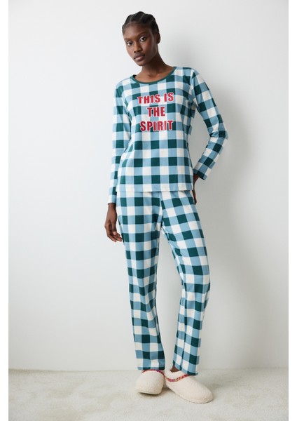 Gingham Koyu Yeşil Pantolon Pijama Takımı