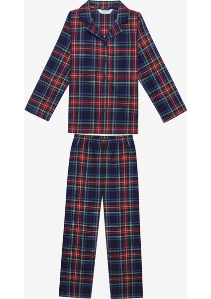 Pamuklu Unisex Çocuk Navy Plaid Fam Kırmızı Gömlek Pijama Takımı