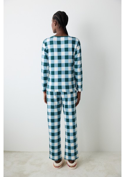 Gingham Koyu Yeşil Pantolon Pijama Takımı