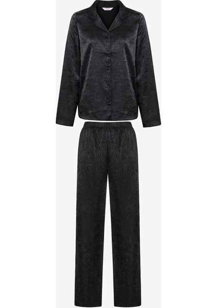 Siyah Saten Siyah Gömlek Pantolon Pijama Takımı