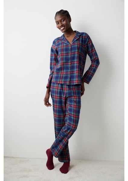 New York Navy Checked Mavi Gömlek Pantolon Pijama Takımı