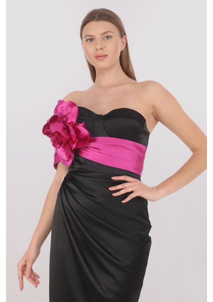 Saten Siyah Çiçek Detaylı Elbise modelleri