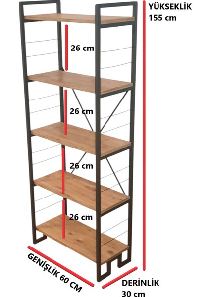 Dekoratif Ahşap Raflı Metal Kitaplık Çok Amaçlı 5 Raflı Dolap Matkapsız Kolay Kurulum