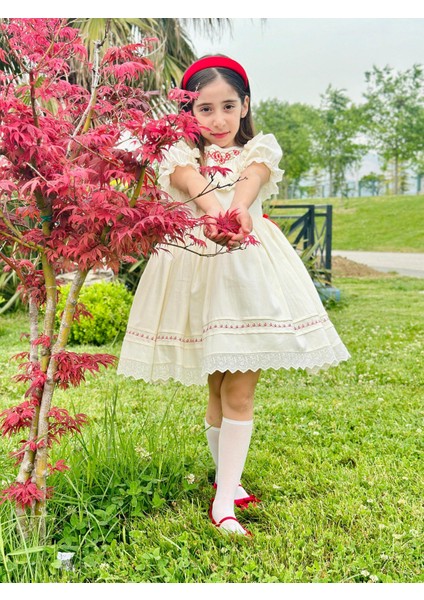 Krem Kırmızı Kurdaleli Vintage Kız Bebek Elbisesi,doğum Günü,fotoğraf Çekim ELBISESI,0-12YAŞA Uygun