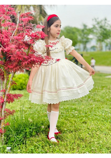 Krem Kırmızı Kurdaleli Vintage Kız Bebek Elbisesi,doğum Günü,fotoğraf Çekim ELBISESI,0-12YAŞA Uygun modelleri