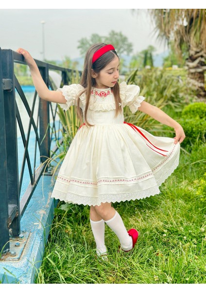Krem Kırmızı Kurdaleli Vintage Kız Bebek Elbisesi,doğum Günü,fotoğraf Çekim ELBISESI,0-12YAŞA Uygun indirimleri