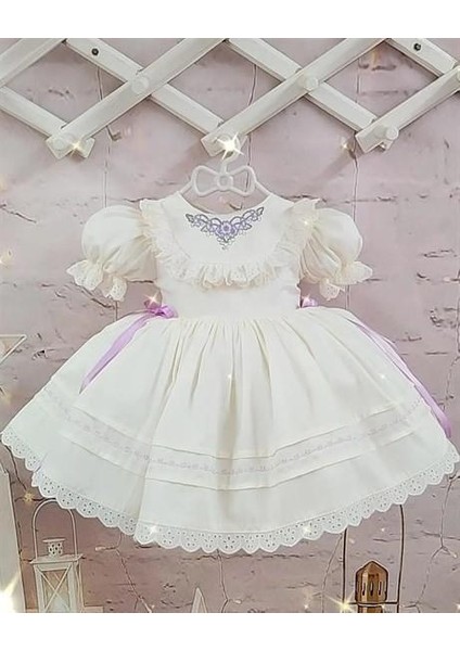 Krem Lila Kurdaleli Vintage Kız Bebek Doğum Günü Elbisesi,0-12 Yaşa Uygun