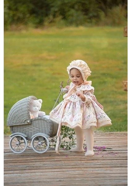 Somon Çiçekli Vintage Kız Bebek Elbisesi, Özel Dikim Doğum günü ,fotoğraf çekimi, 0-12 Yaşa Uygun