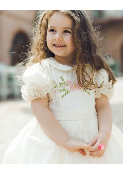 Krem Saten Nakışlı Kız Bebek Elbisesi,özel Dikim Çocuk Elbisesi, Doğum Günü Elbisesi, 0-12 Yaş