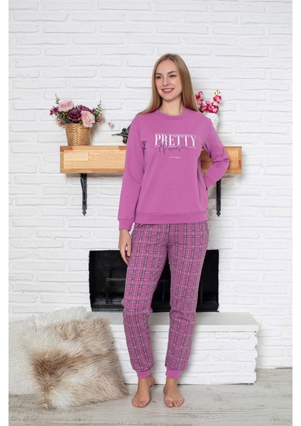Kadın Bisiklet Yaka Bilek Manşet/lastikli 2 Iplik Cepli Kışlık Jogger Eşofman Pijama Takımı Homewear