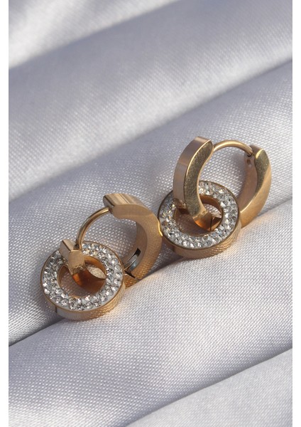 316L Çelik Gold Renk Zirkon Taşlı İç İçe Geçmeli Oval Küpe - TJ-BKP9014