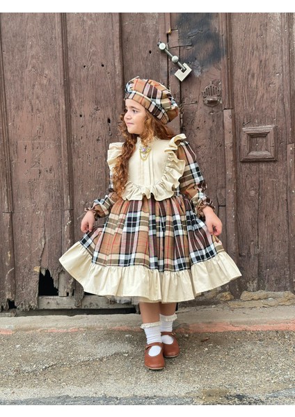 Kapiçino Kareli Ekose Kız Bebek Elbisesi, Doğum Günü Elbisesi, Fotoğraf Çekim Elbisesi,0-12 Yaşa Uygun