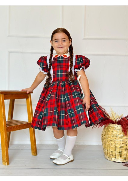 Kırmızı Yakası Çiçekli Ekose Kız Bebek Elbisesi, Özel Dikim Kız Çocuk Elbisesi, Doğum Günü Elbisesi, Fotoğraf Çekim Elbisesi, Kız Bebek Hediyesi, 0-12 Yaşa Uygun