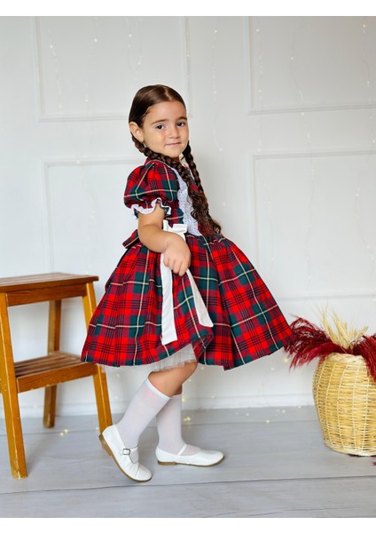 Kırmızı Yakası Çiçekli Ekose Kız Bebek Elbisesi, Özel Dikim Kız Çocuk Elbisesi, Doğum Günü Elbisesi, Fotoğraf Çekim Elbisesi, Kız Bebek Hediyesi, 0-12 Yaşa Uygun