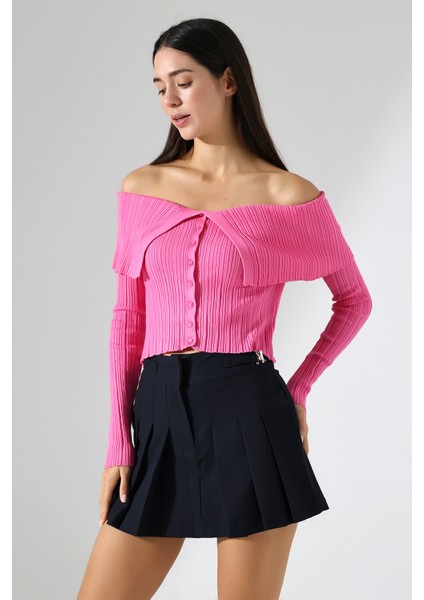 Omzu Açık Katlamalı Triko Crop Bluz
