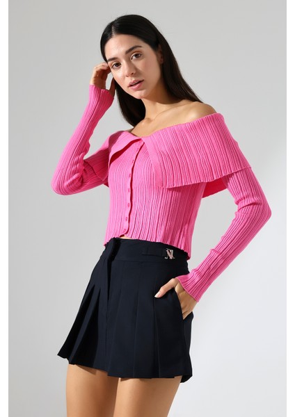 Omzu Açık Katlamalı Triko Crop Bluz modelleri