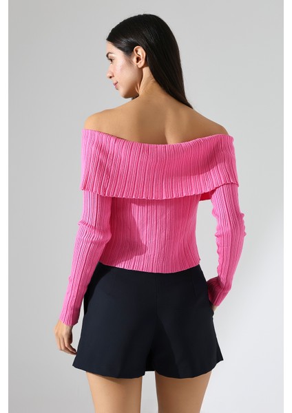 Omzu Açık Katlamalı Triko Crop Bluz indirimleri