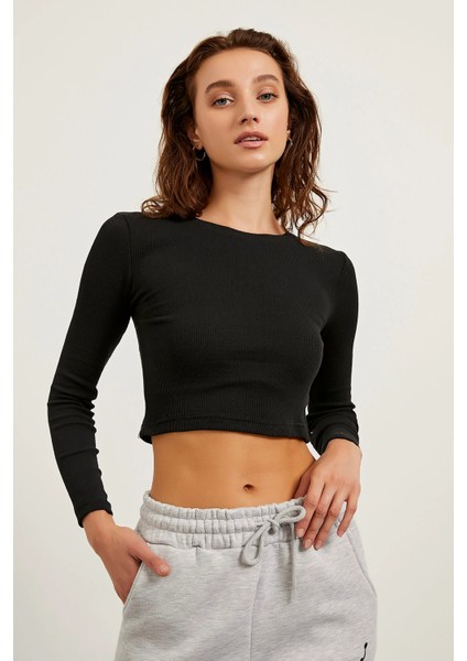 Kadın Siyah Kaşkorse Crop Uzun Kollu Body fiyatları