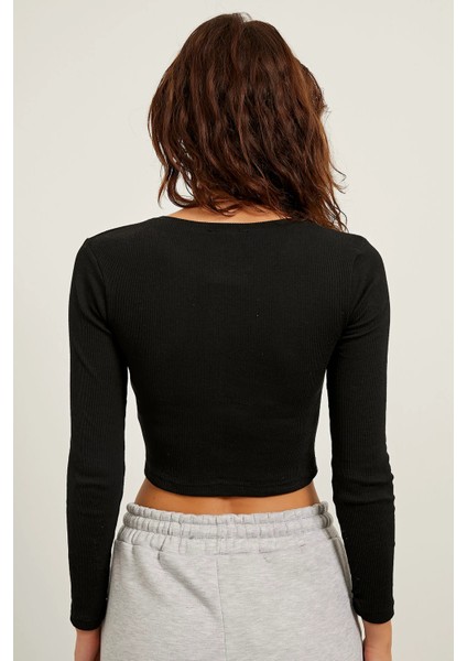 Kadın Siyah Kaşkorse Crop Uzun Kollu Body modelleri