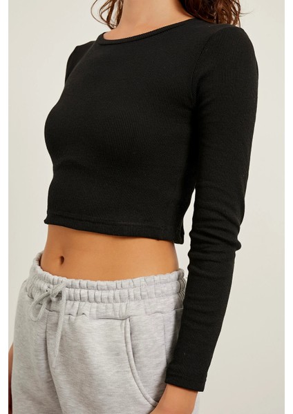 Kadın Siyah Kaşkorse Crop Uzun Kollu Body indirimleri