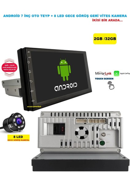 Android 7 Inç Oto Teyp (2GB/32GB) 8 LED Gece Görüş Geri Vites Kamera Ikisi Bir Arada