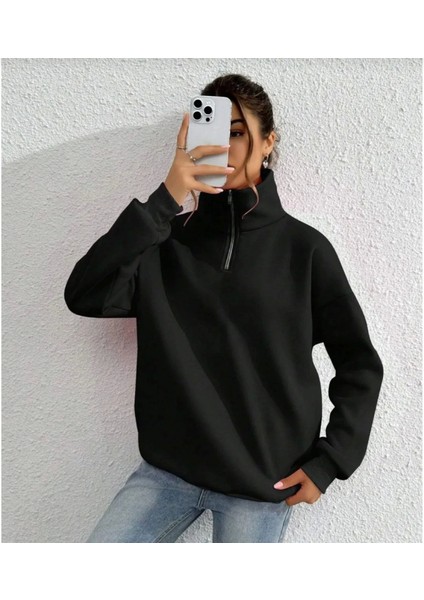 Uzun Kol Yarım Farmuarlı Yakalı Basic Sweatshirt - Siyah