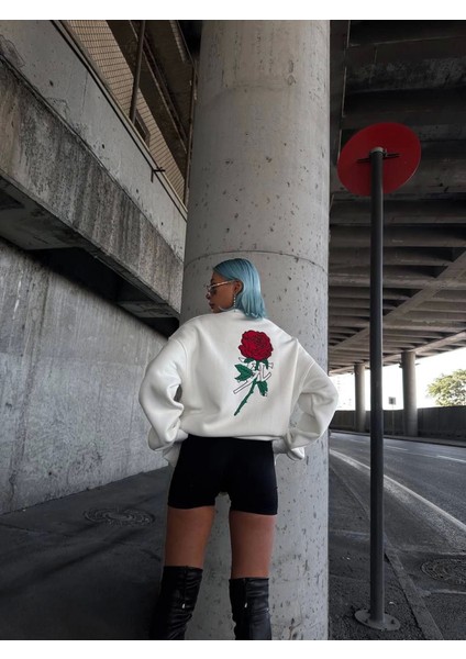 Oversize Üç Iplik Bisiklet Yaka Baskılı Sweatshirt - Beyaz