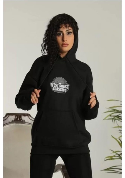Sırt Baskılı Kapüşonlu Üç Iplik Oversize Sweatshirt - Siyah