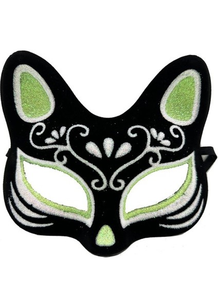 Siyah Süet Kaplama Gümüş Yeşil Simli Kedi Maskesi