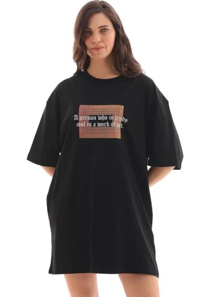 Bisiklet Yaka Baskılı Oversize T-Shirt - Siyah