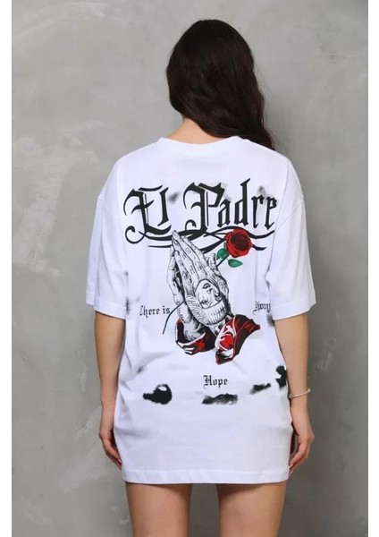 Bisiklet Yaka Baskılı Oversize T-Shirt - Beyaz