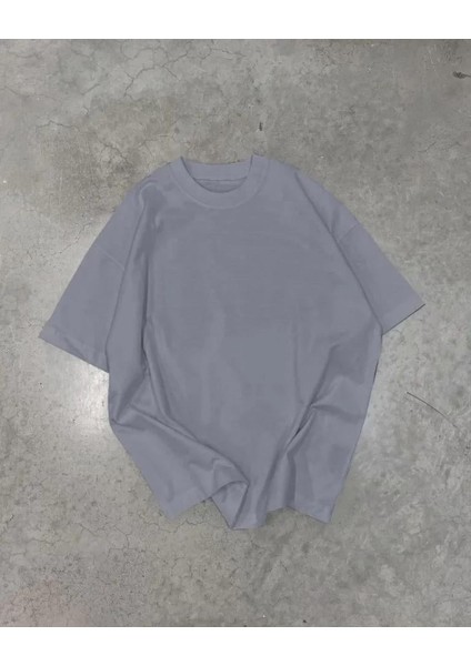 Basic Bisiklet Yaka Oversize T-Shirt - Füme