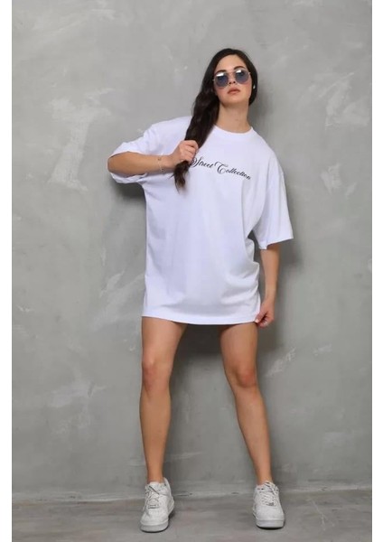 Bisiklet Yaka Baskılı Oversize T-Shirt - Beyaz