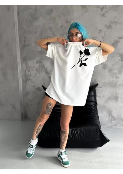 Bisiklet Yaka Baskılı Oversize T-Shirt - Beyaz