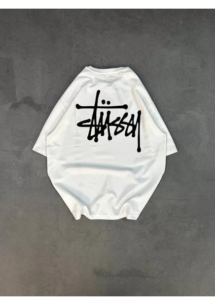 Bisiklet Yaka Baskılı Oversize T-Shirt - Beyaz