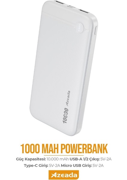 Azeada 10000 Mah 5V-2A Powerbank Type-C / USB Giriş LED Işıklı Gösterge