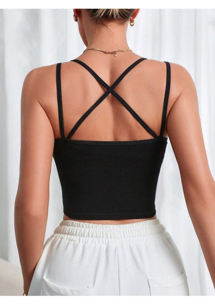 U Yaka Çapraz Askılı Siyah Renk Omzu Sırtı Açık Kolsuz Likralı Fit Crop Top Bluz fiyatları