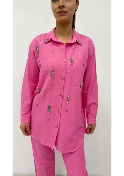 Kadın Pembe Keten Taş Işlemeli Yakalı Gömlek Tunik fiyatları
