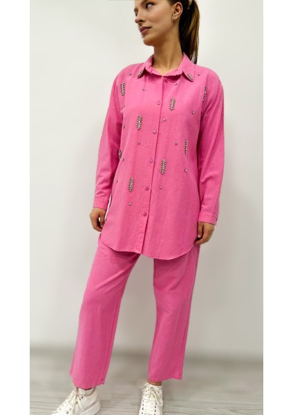 Kadın Pembe Keten Taş Işlemeli Yakalı Gömlek Tunik fırsatları